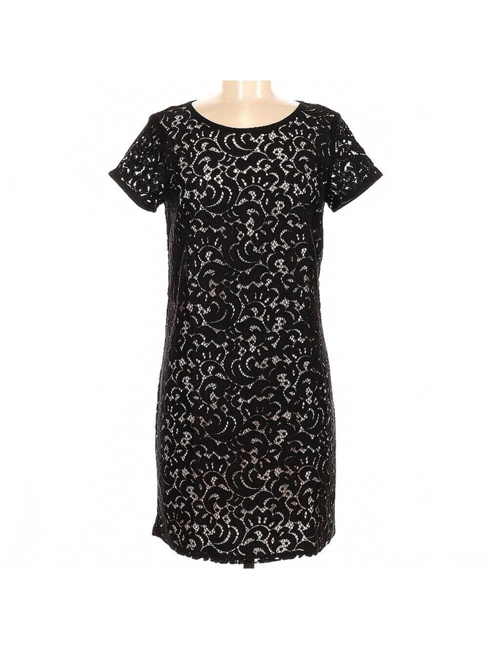 LOFT Ann Taylor Black Lace Crochet Shift Dress with Tan Slip, Size 6